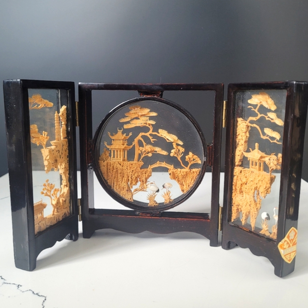 Vintage Fujian Corkwood Diorama Wood Carving Chinese Cranes Mountains Temple
